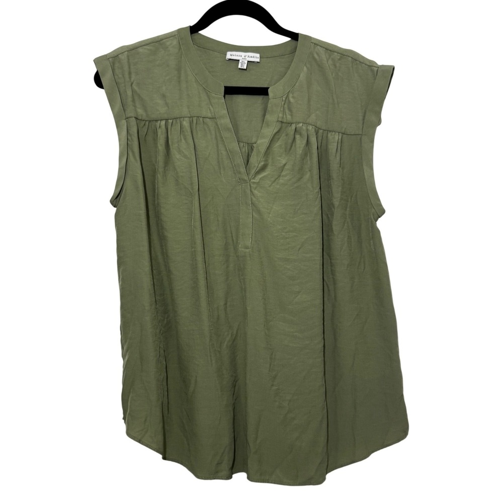 Maison‎ d'Amélie Paris Olive Green Split Neck Pleated Sleeveless Blouse Size L - Picture 2 of 5